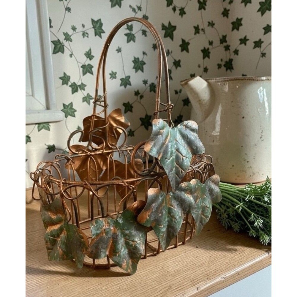 Metal Ivy Decor Oval Basket Copper Tone 10in Tall Rustic Table Organizer Storage